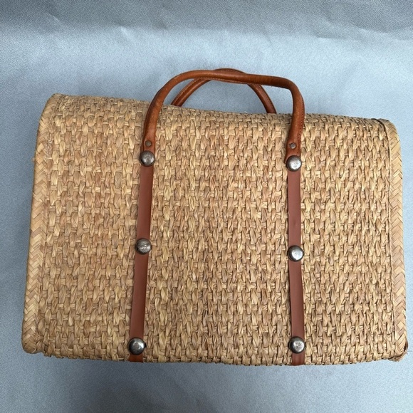 Raffia Straw Tote Bag Mexican Boho Bag Purse Beach Bag Tote w Leather Accent - Picture 5 of 6